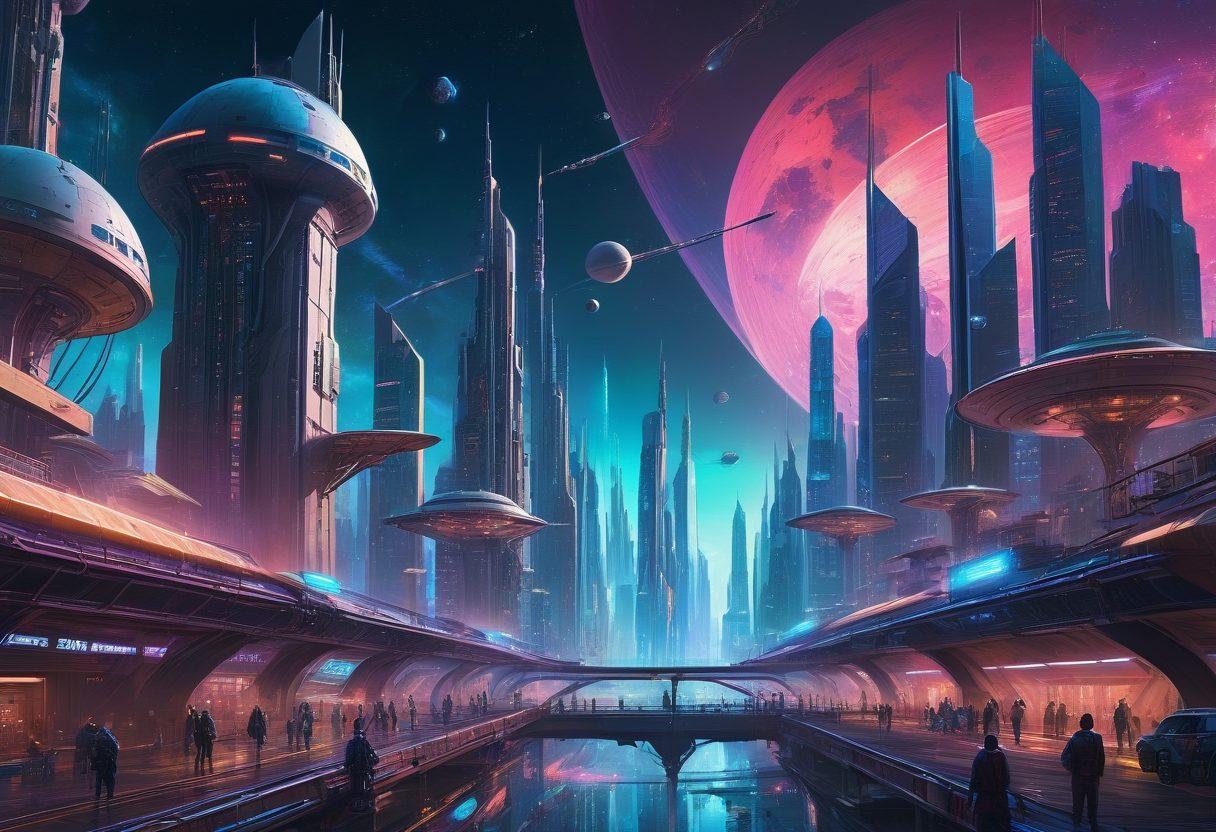 A futuristic cityscape with towering skyscrapers, all infused with elements inspired by space exploration such as satellite dishes, holographic displays, and astronauts walking on elevated pathways. The night sky above is filled with bright stars, nebulae, and a prominent space station orbiting Earth. cyberpunk style. vibrant colors.