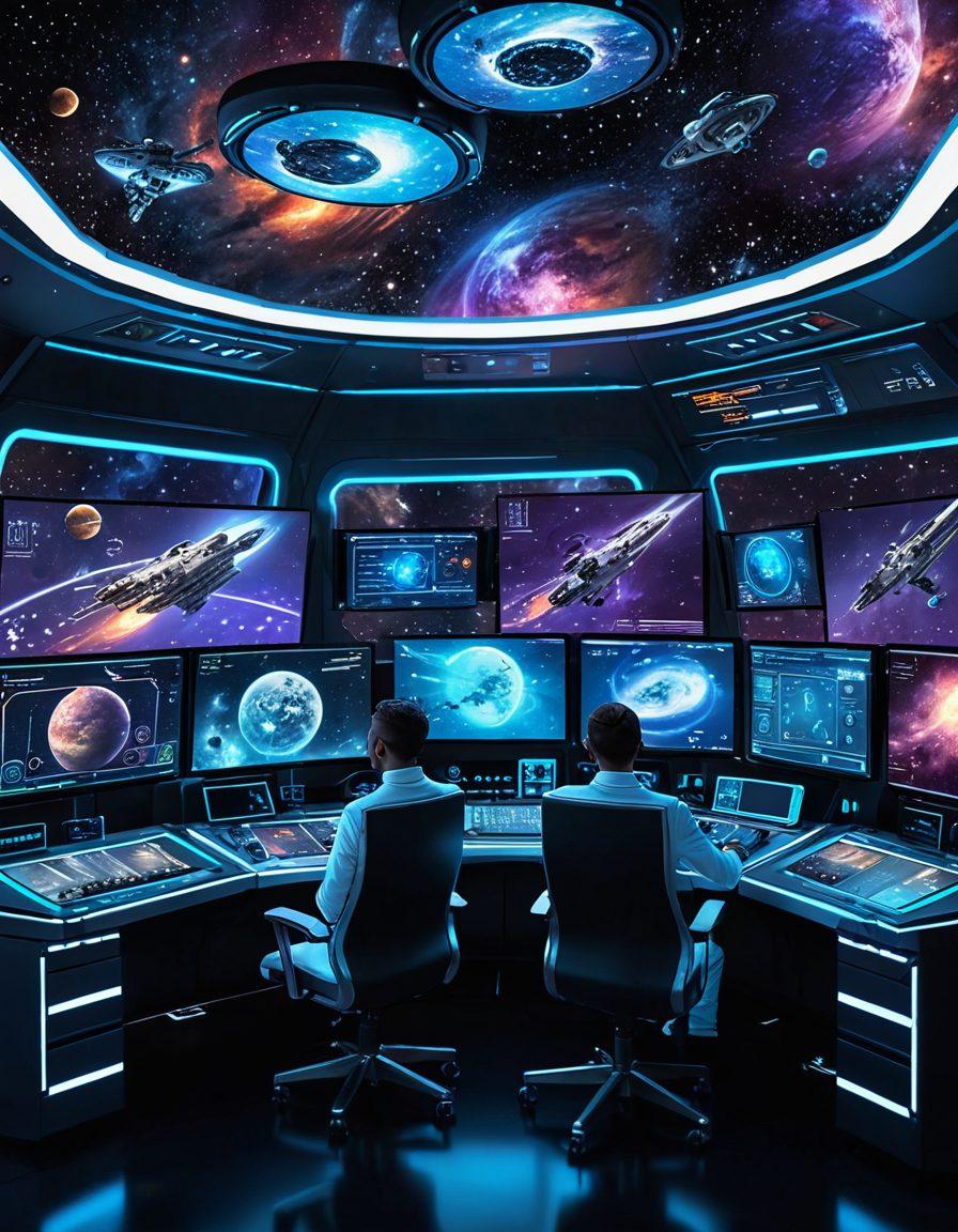 A futuristic spaceship navigating through a galaxy filled with luminous stars, planets, and digital code. The spaceship's control room has holographic screens displaying web development tools and algorithms. Astronauts in sleek suits integrate both space and cyber elements, making references to both astronomy and programming. Blending technology with celestial elements. Vibrant colors. Super-realistic. 3D.