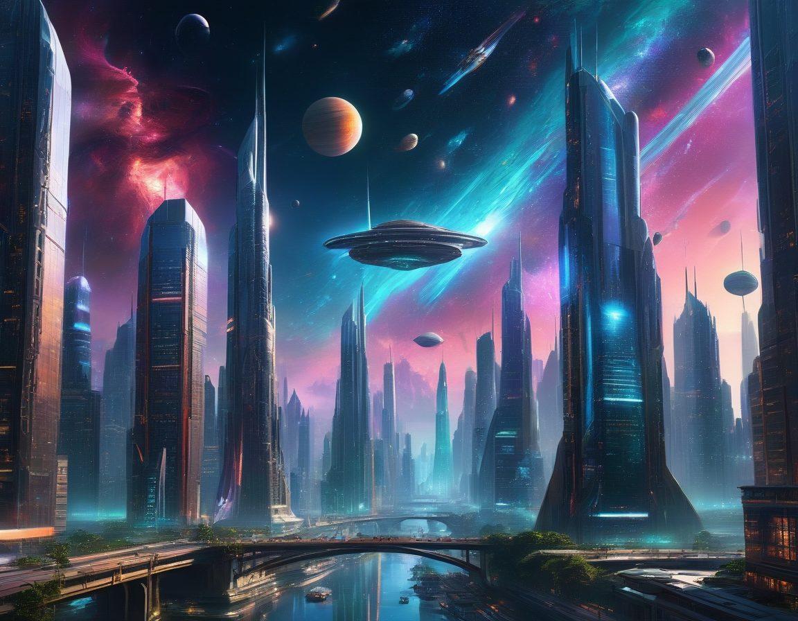 A futuristic city where towering skyscrapers blend seamlessly with celestial phenomena, such as nebulae and distant planets. Digital code and holographic interfaces float in the air, connecting the stars to the urban environment. Spaceships and satellites hover above, symbolizing the influence of space science on technology. super-realistic. vibrant colors. sci-fi feel. 3D.